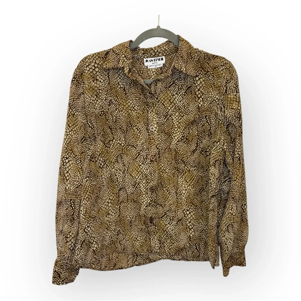 Vintage Joan Leslie Snake Print Button Down Blouse Brown Animal Print Top 10P